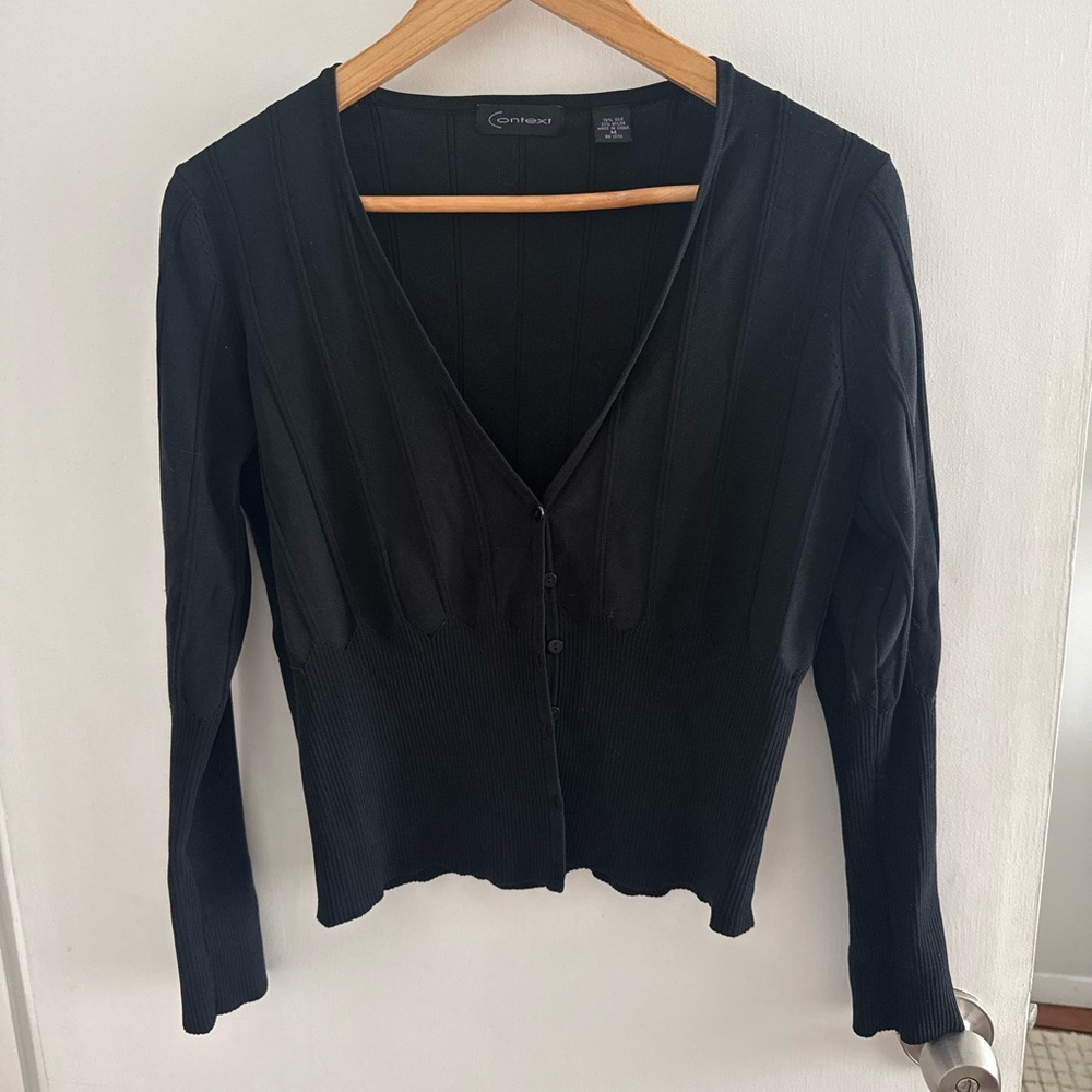 Context Silk Black Ribbed Cardigan Size M